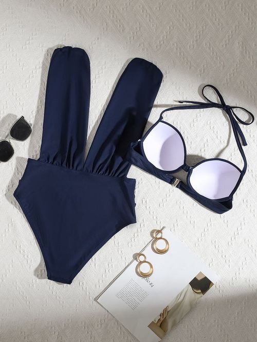 🌷Holiday Sale 49% OFF👙Deep Plunge Ruched Swimsuit with Halter Bra Two-Piece Set