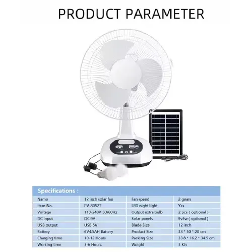 High Quality Home Use Cooling Battery Solar Electric Table Fan Rechargeable DC 12 Inch Wind Solar Fan with LED Lamp