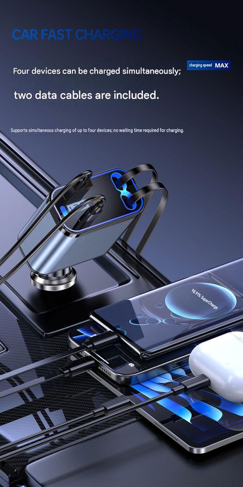4-in-1 Retractable Super-Fast Charging Cable & PD Fast-Charging Car Charger (Cigarette Lighter Plug)