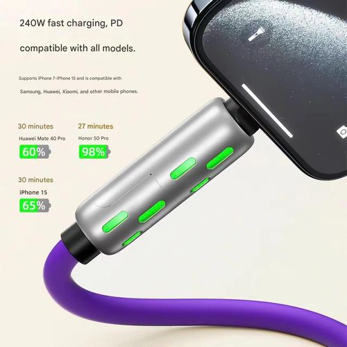 A four-in-one multi-functional USB charging cable, supporting USB-A, Type-C, and Lightning interfaces, with support for up to 240W fast charging and data synchronization, and featuring a breathing light effect.