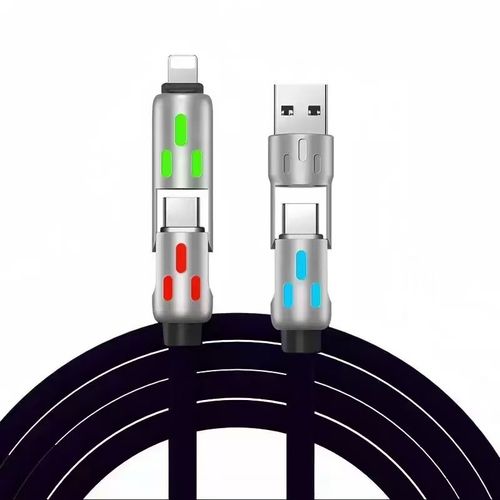 A four-in-one multi-functional USB charging cable, supporting USB-A, Type-C, and Lightning interfaces, with support for up to 240W fast charging and data synchronization, and featuring a breathing light effect.