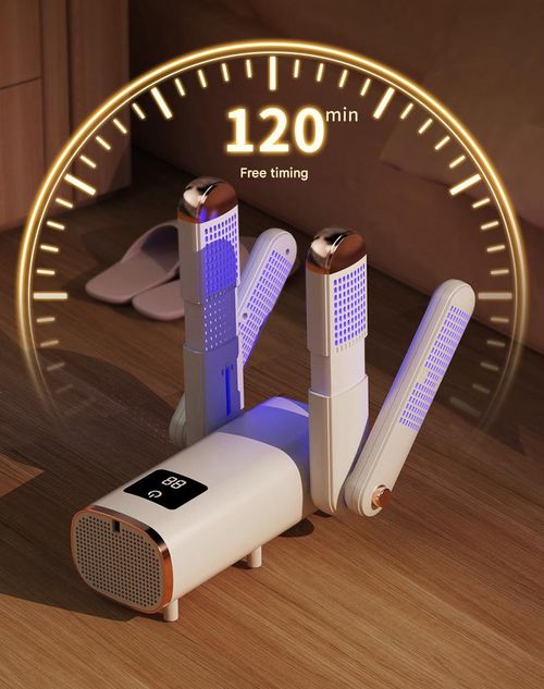Foldable shoe dryer, extendable, intelligent UV sterilization, deodorization, and drying for home use.