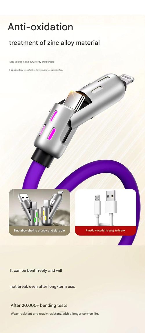 A four-in-one multi-functional USB charging cable, supporting USB-A, Type-C, and Lightning interfaces, with support for up to 240W fast charging and data synchronization, and featuring a breathing light effect.