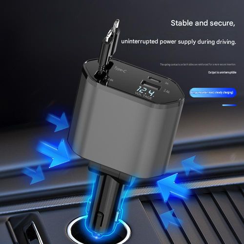 4-in-1 Retractable Super-Fast Charging Cable & PD Fast-Charging Car Charger (Cigarette Lighter Plug)