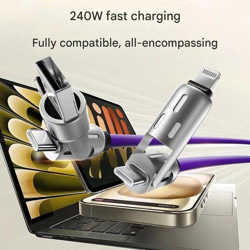 A four-in-one multi-functional USB charging cable, supporting USB-A, Type-C, and Lightning interfaces, with support for up to 240W fast charging and data synchronization, and featuring a breathing light effect.