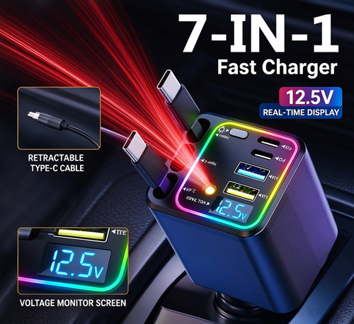 7-in-1 Retractable Car Charger 120W | Star Projector & RGB Light | Ghana Stock & COD