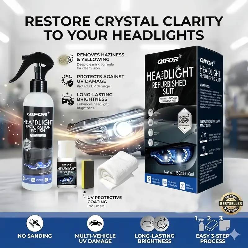 QIFOR Headlight Refurbished Suit restores yellow, foggy and oxidized car headlights, improves night driving visibility. Complete DIY kit with spray, coating liquid, sponge and towel. UV protection, Cash On Delivery available across Ghana. New & old packaging shipped randomly.