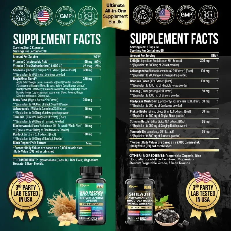 Dynamic Vitality Bundle - Zoyava Sea Moss & Shilajit Supplements - All-in-One Multivitamin Combo with Extra Strength Ingredients Significantly effective for small penis size erectile dysfunction and premature ejaculation- MADE IN USA