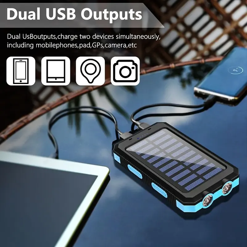 Portable Solar Power Bank, Dual USB Emergency Charger with Flashlight & Compass for Blackout