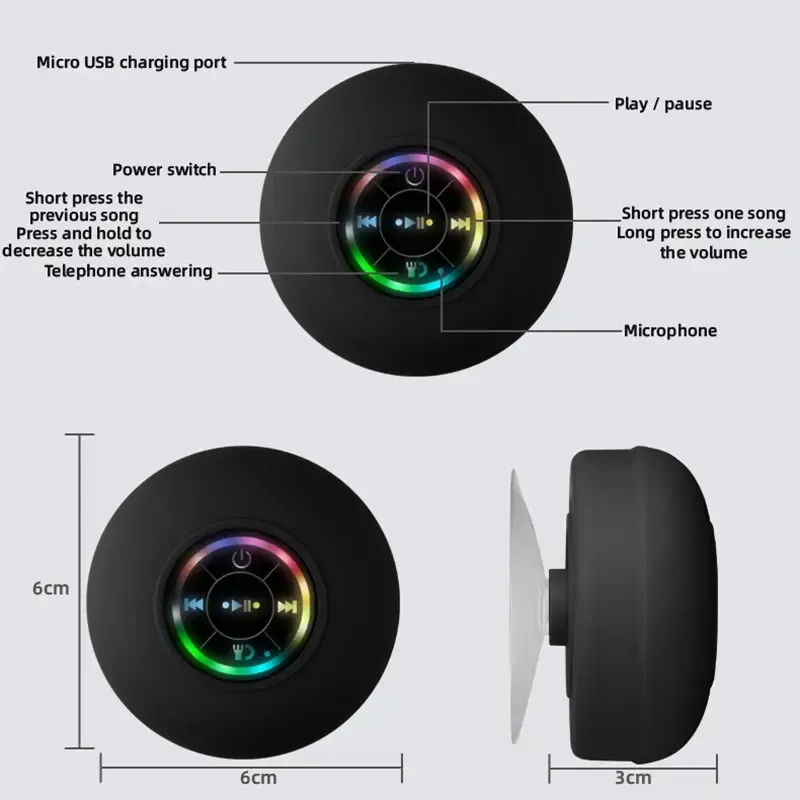 Mini Bluetooth Shower Speaker with LED light, Portable IPX4 Waterproof, Hands-Free Speakerphone. Rechargeable Using Micro USB, Wireless Stereo for Beach, Shower & Home