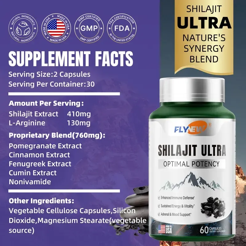 FLYNEW Optimal Potency | Shilajit Ultra | Adaptogen Energy Stamina Immune Antioxidants | Made in USA | 60 Capsules