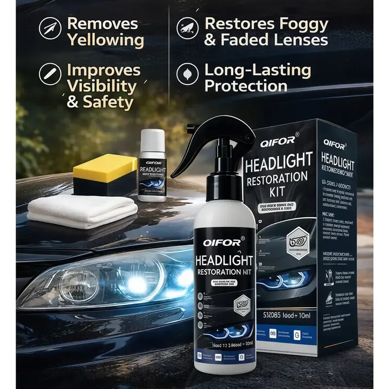 QIFOR Headlight Refurbished Suit restores yellow, foggy and oxidized car headlights, improves night driving visibility. Complete DIY kit with spray, coating liquid, sponge and towel. UV protection, Cash On Delivery available across Ghana. New & old packaging shipped randomly.
