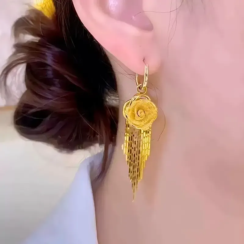 LisiZen Rose Tassel Earrings 14K Gold Plated Long Drop Earrings French Style Floral Earrings Sparkling Chain Jewelry, Elegant Statement Earrings for Women DZEH4279 Chic