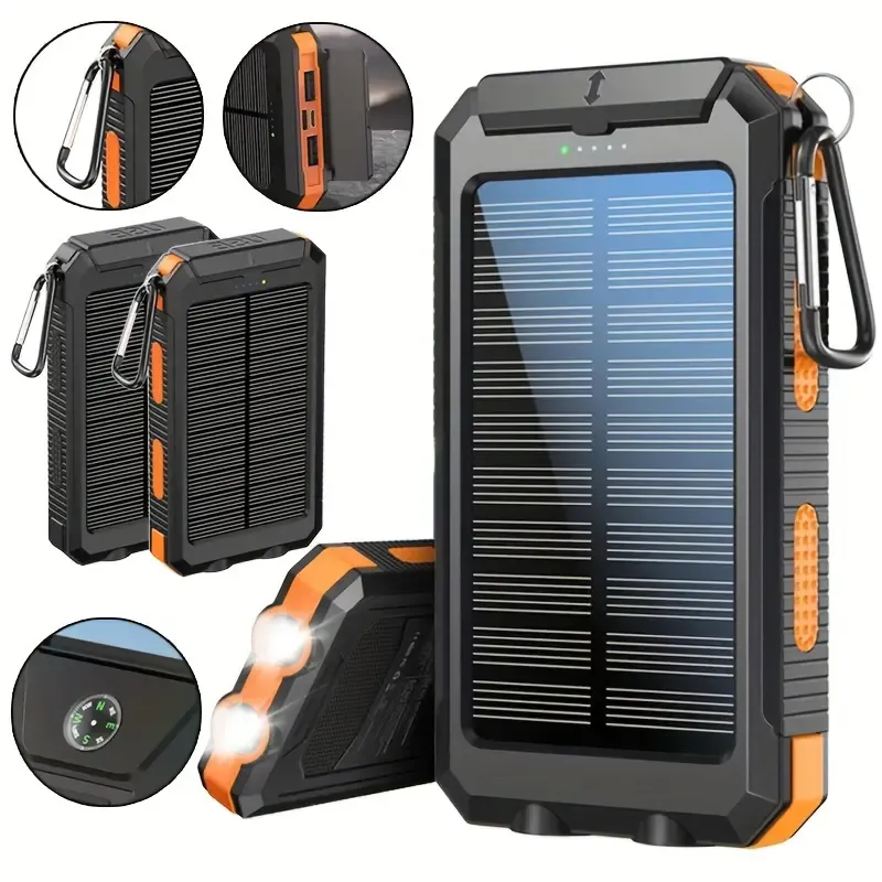 Portable Solar Power Bank, Dual USB Emergency Charger with Flashlight & Compass for Blackout