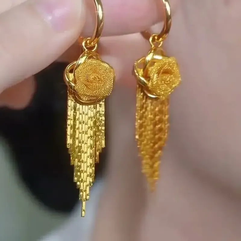 LisiZen Rose Tassel Earrings 14K Gold Plated Long Drop Earrings French Style Floral Earrings Sparkling Chain Jewelry, Elegant Statement Earrings for Women DZEH4279 Chic