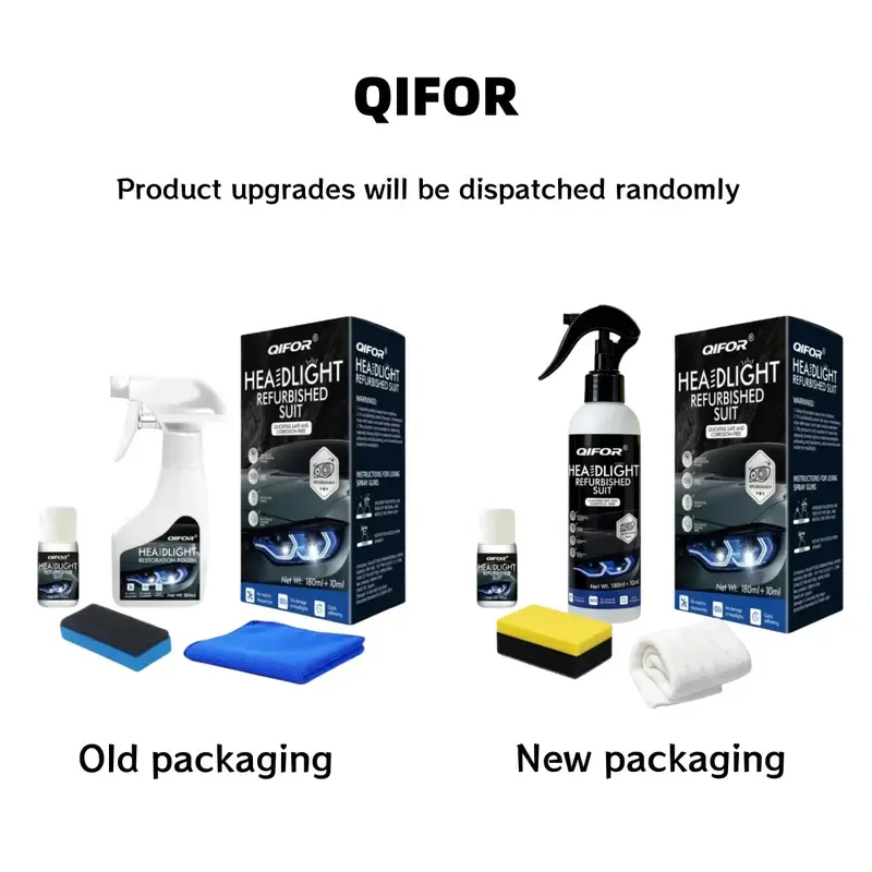 QIFOR Headlight Refurbished Suit restores yellow, foggy and oxidized car headlights, improves night driving visibility. Complete DIY kit with spray, coating liquid, sponge and towel. UV protection, Cash On Delivery available across Ghana. New & old packaging shipped randomly.