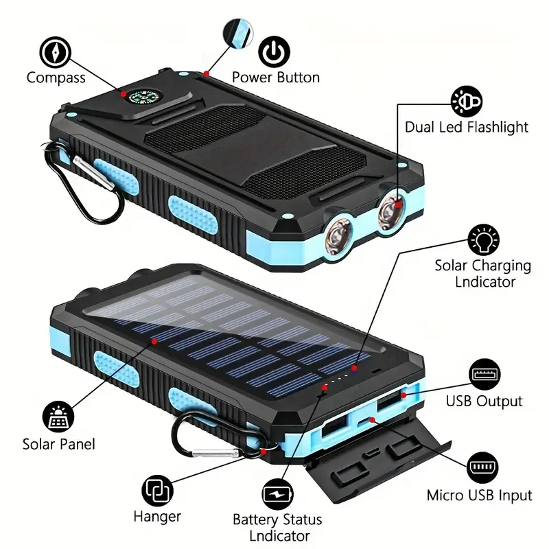 Portable Solar Power Bank, Dual USB Emergency Charger with Flashlight & Compass for Blackout