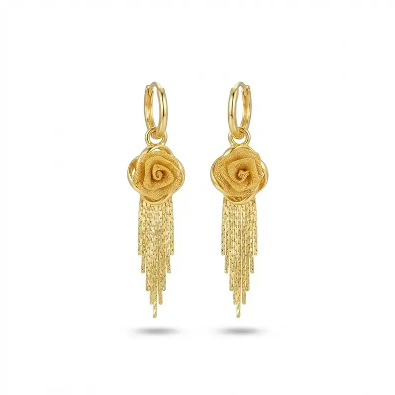 LisiZen Rose Tassel Earrings 14K Gold Plated Long Drop Earrings French Style Floral Earrings Sparkling Chain Jewelry, Elegant Statement Earrings for Women DZEH4279 Chic