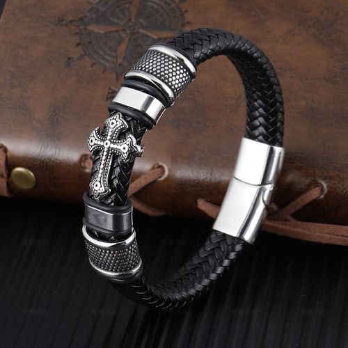 New Stainless Steel Cross Fashion Bracelet Personality Multilayer Woven Leather Jewelry