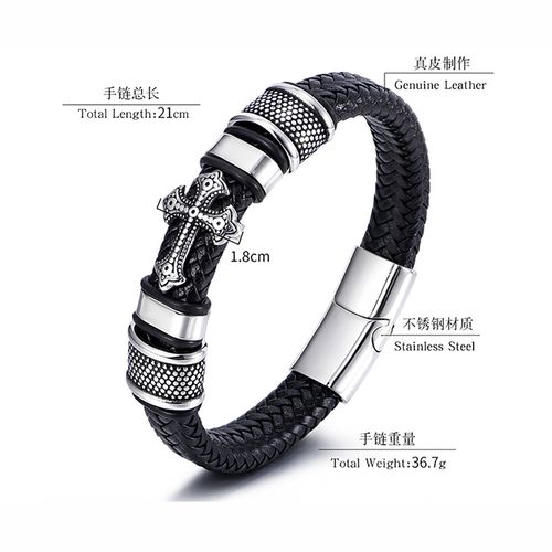 New Stainless Steel Cross Fashion Bracelet Personality Multilayer Woven Leather Jewelry