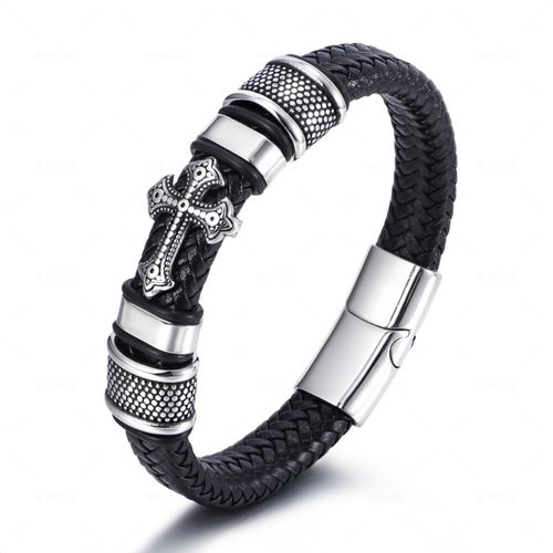 New Stainless Steel Cross Fashion Bracelet Personality Multilayer Woven Leather Jewelry