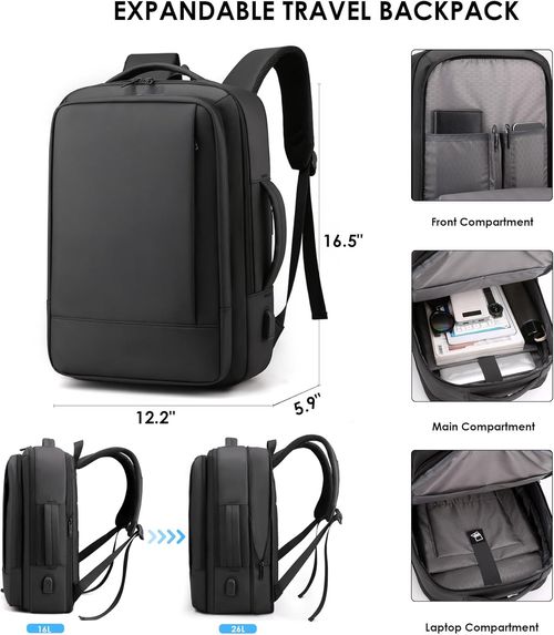 Expandable Waterproof Travel Laptop Backpack with USB Charging Port, College Backpack Airline Approved Business Work Bag Fits 15.6 Inch Computer for Men Women