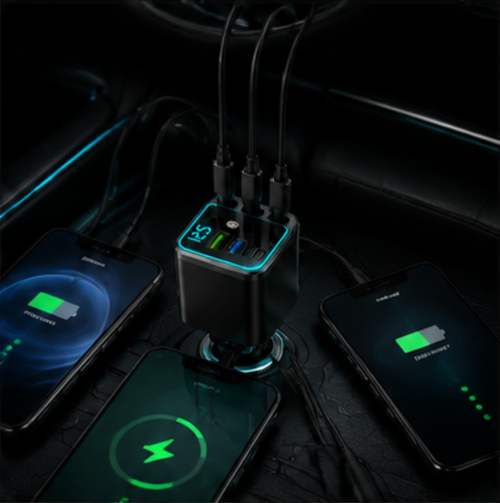 5-in-1 Fast Car Charger with Dual PD 20W, USB Ports & Built-in Cables | Smart Voltage Display & Safety Protection