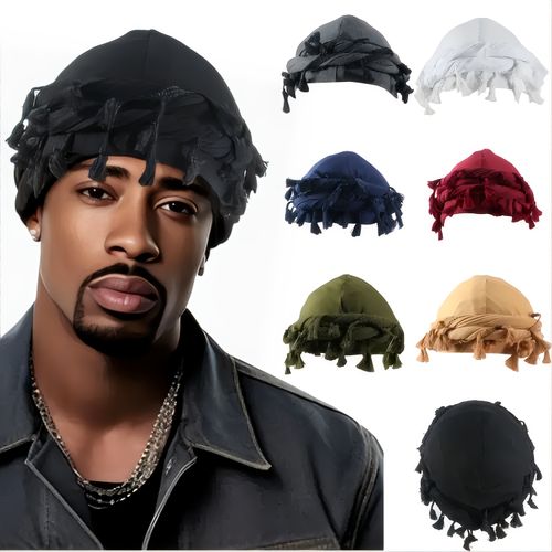 Vintage Ethnic Turban For Men With Tassel - Durag Head Wraps, Soft Elastic Fit & Perfect For Outdoor - For Men - Suitable for Casual Wear & Street Style - Great Gift for Fashionable Guys