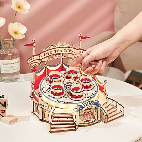 ROKR 3D wooden puzzle amusement park spinning cup model toy