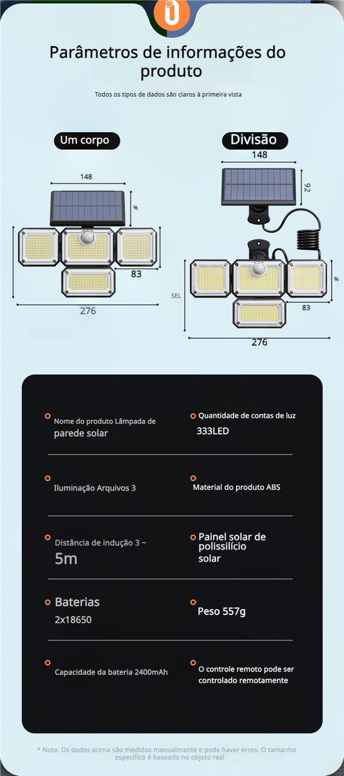Luminária de parede solar LED inteligente de alto brilho