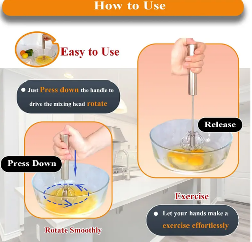 Stainless Steel Hand Push Semi-automatic Egg Whisk Beater Mixer Easy Use and Save Much Energy Self Stirring Whisk