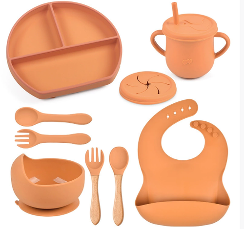 8-piece Set of Classic Silicone Tableware for Children's Comfortable Dining, Including Spoons, Forks, Straws and Cups