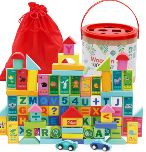 50 Pcs Wooden Barreled Number and Letter Transportation Vehicle Cognitive Building Block Toy
