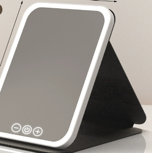 Hot Selling Portable Double-Sided Leather Vanity Mirror Square Folding Design LED Color Switch Touch Dimming Plastic Battery