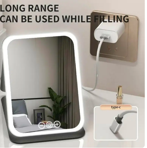 Hot Selling Portable Double-Sided Leather Vanity Mirror Square Folding Design LED Color Switch Touch Dimming Plastic Battery