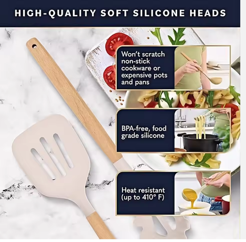 Non-Stick Non Toxic Cooking 44 Pieces Natural Wooden Handle With Stainless Steel Gadgets Set Silicone Kitchen Utensils