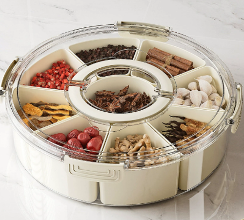 Nine Grid Circular PET Storage Box for Dried Fruit Snacks Kitchen Plastic Seasoning Container Handle Sealed Storage for Food