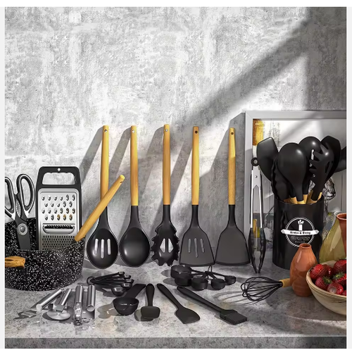 Non-Stick Non Toxic Cooking 44 Pieces Natural Wooden Handle With Stainless Steel Gadgets Set Silicone Kitchen Utensils