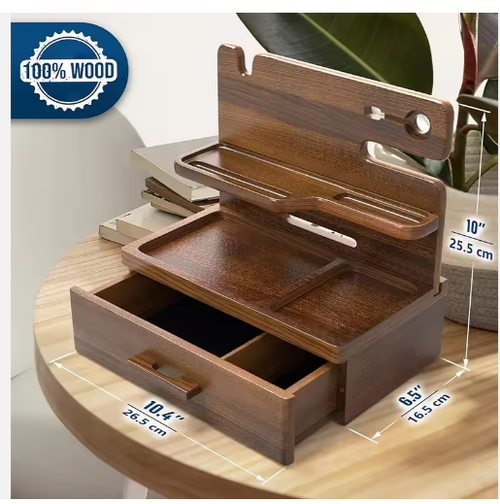 Wood Phone Docking Station with Drawer Nightstand Organizer Compatible with Watch Phone Wallet Key Glasses