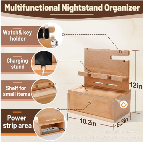 Wood Phone Docking Station with Drawer Nightstand Organizer Compatible with Watch Phone Wallet Key Glasses