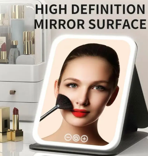 Hot Selling Portable Double-Sided Leather Vanity Mirror Square Folding Design LED Color Switch Touch Dimming Plastic Battery