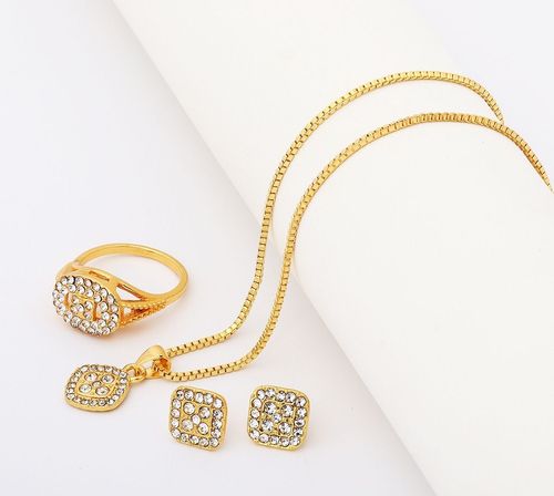Luxury-Style Diamond-Inlaid Alloy Geometric Jewelry Set Versatile Ring Earrings Necklace-Fashionable Simple Jewelry Set