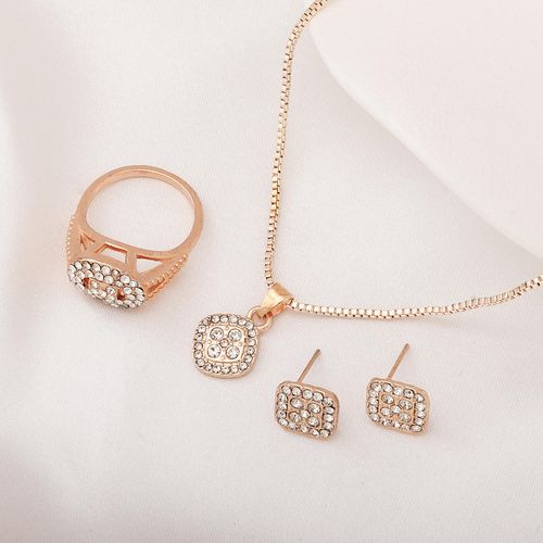 Luxury-Style Diamond-Inlaid Alloy Geometric Jewelry Set Versatile Ring Earrings Necklace-Fashionable Simple Jewelry Set