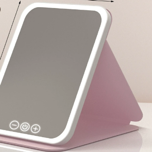 Hot Selling Portable Double-Sided Leather Vanity Mirror Square Folding Design LED Color Switch Touch Dimming Plastic Battery