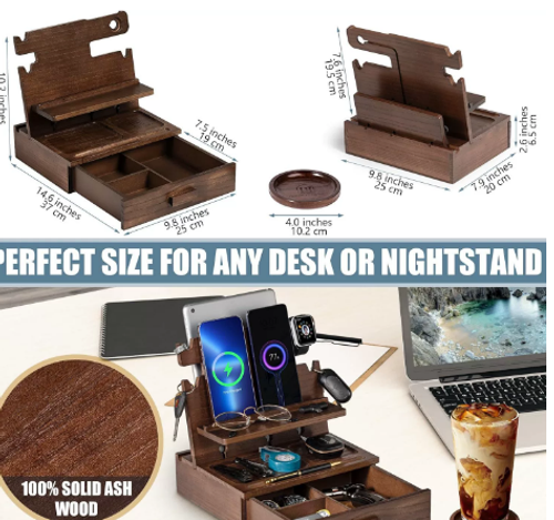 Wood Phone Docking Station with Drawer Nightstand Organizer Compatible with Watch Phone Wallet Key Glasses