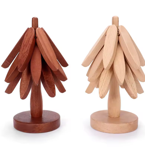 Wooden Trivets for Hot Dishes Protection Foldable Coaster Pads Teapot Holder Decorative Christmas Tree Shape Table Mat W24-608