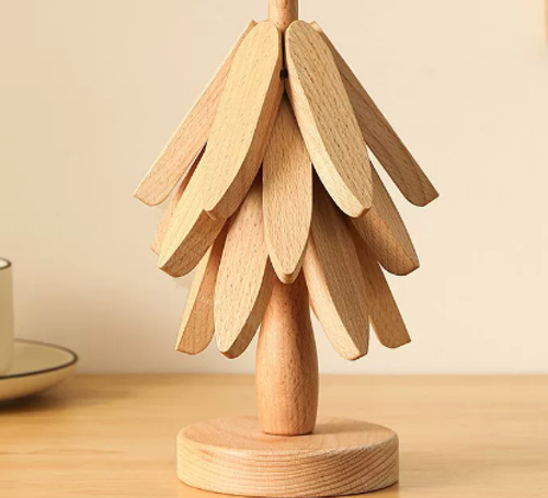 Wooden Trivets for Hot Dishes Protection Foldable Coaster Pads Teapot Holder Decorative Christmas Tree Shape Table Mat W24-608