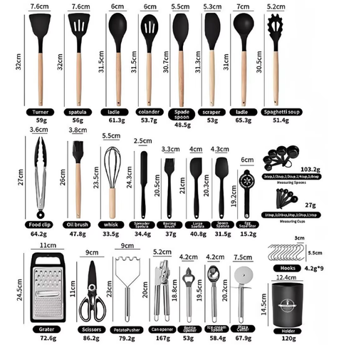 Non-Stick Non Toxic Cooking 44 Pieces Natural Wooden Handle With Stainless Steel Gadgets Set Silicone Kitchen Utensils