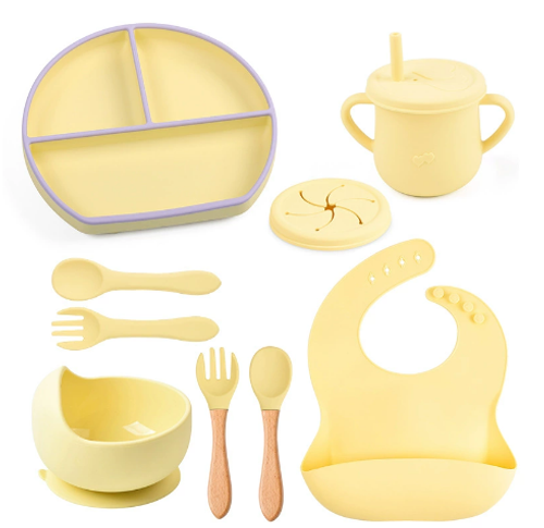 8-piece Set of Classic Silicone Tableware for Children's Comfortable Dining, Including Spoons, Forks, Straws and Cups