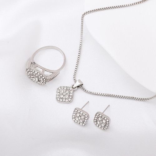 Luxury-Style Diamond-Inlaid Alloy Geometric Jewelry Set Versatile Ring Earrings Necklace-Fashionable Simple Jewelry Set